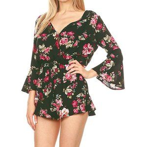 Ambiance Surplice Bell Sleeve Floral Romper Olive